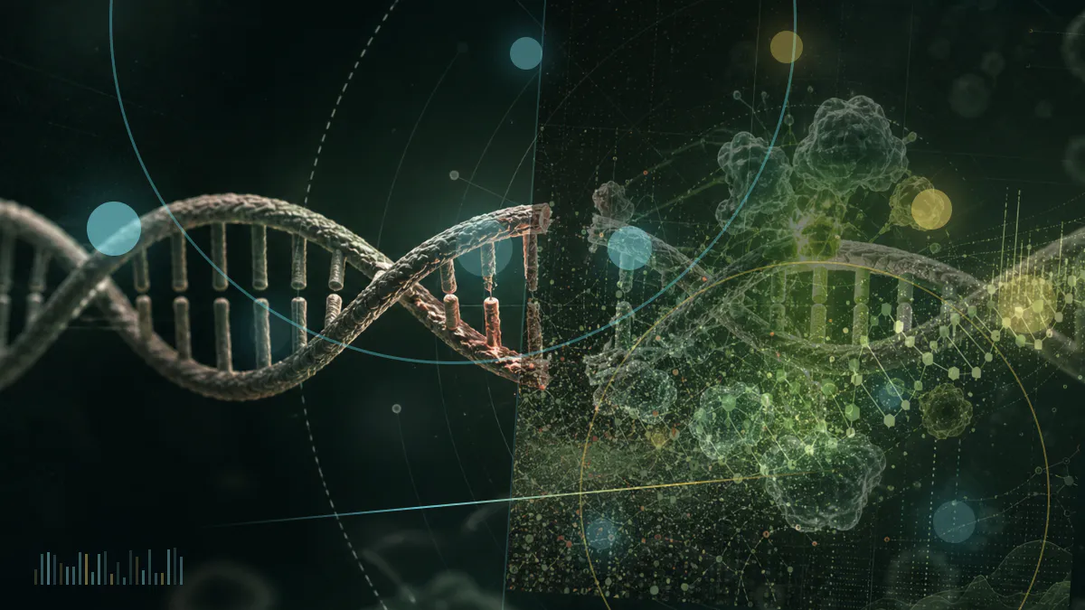 Conceptual biomedical illustration of personalized mRNA strands directing immune cells toward melanoma cells