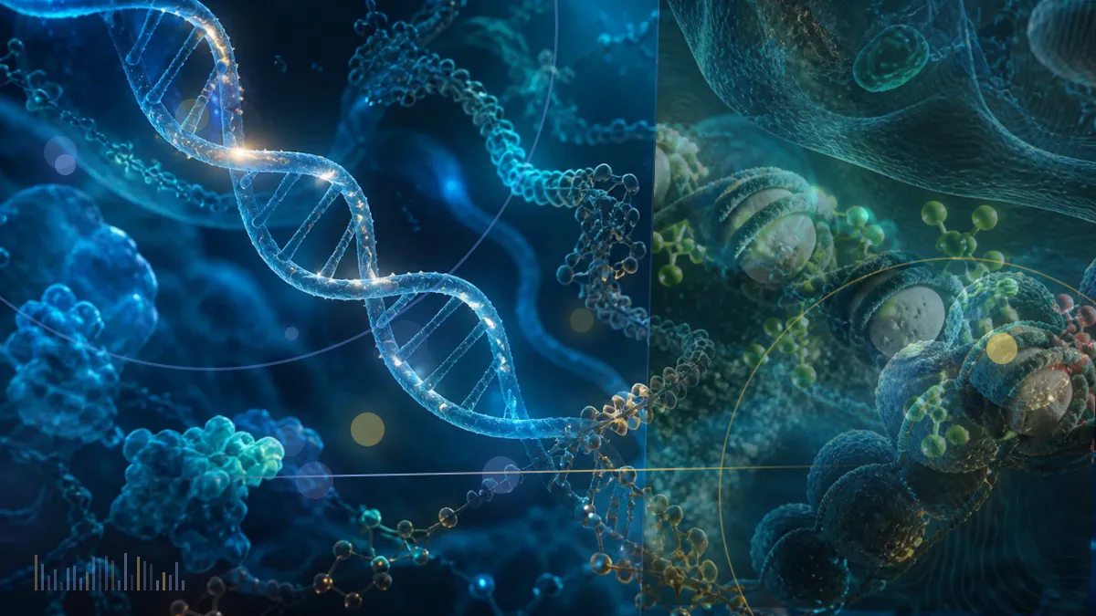 Conceptual biomedical illustration of a dual-receptor peptide engaging GLP-1 and glucagon signaling pathways beside a clinical weight-change chart
