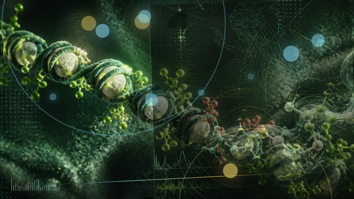 Conceptual biomedical illustration of dietary data, molecular biomarkers and a machine-learning model used to study healthy aging