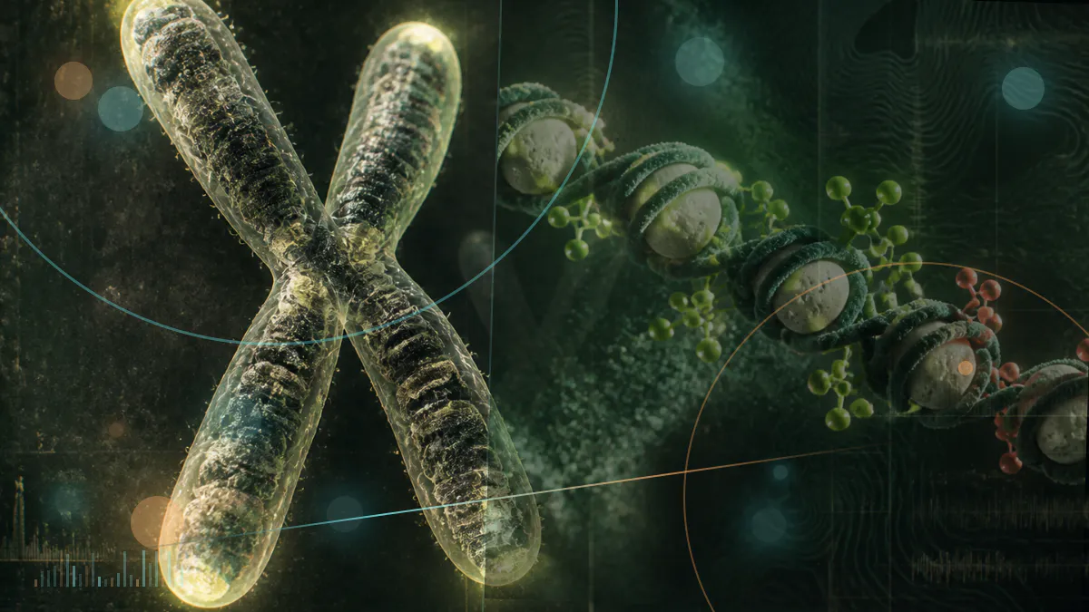 Conceptual biomedical illustration of glycine molecules, blood plasma and cellular redox pathways associated with biological-age biomarkers