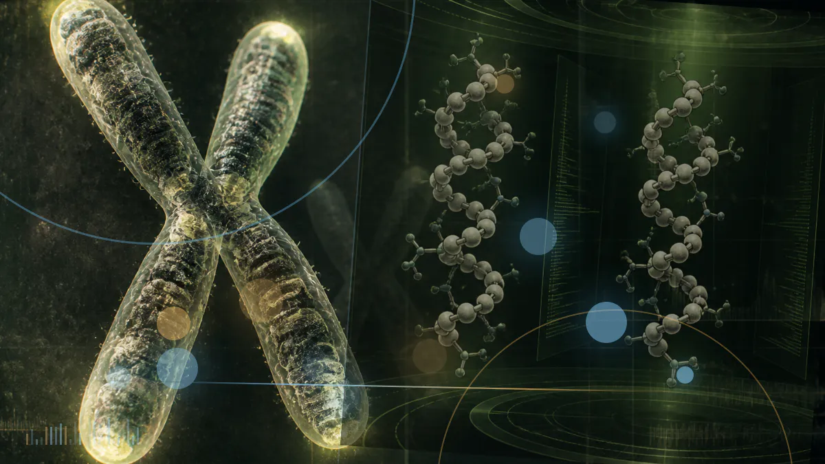 Conceptual biomedical illustration of a neuropeptide approaching stress-signaling receptors beside an early-stage clinical-development pathway