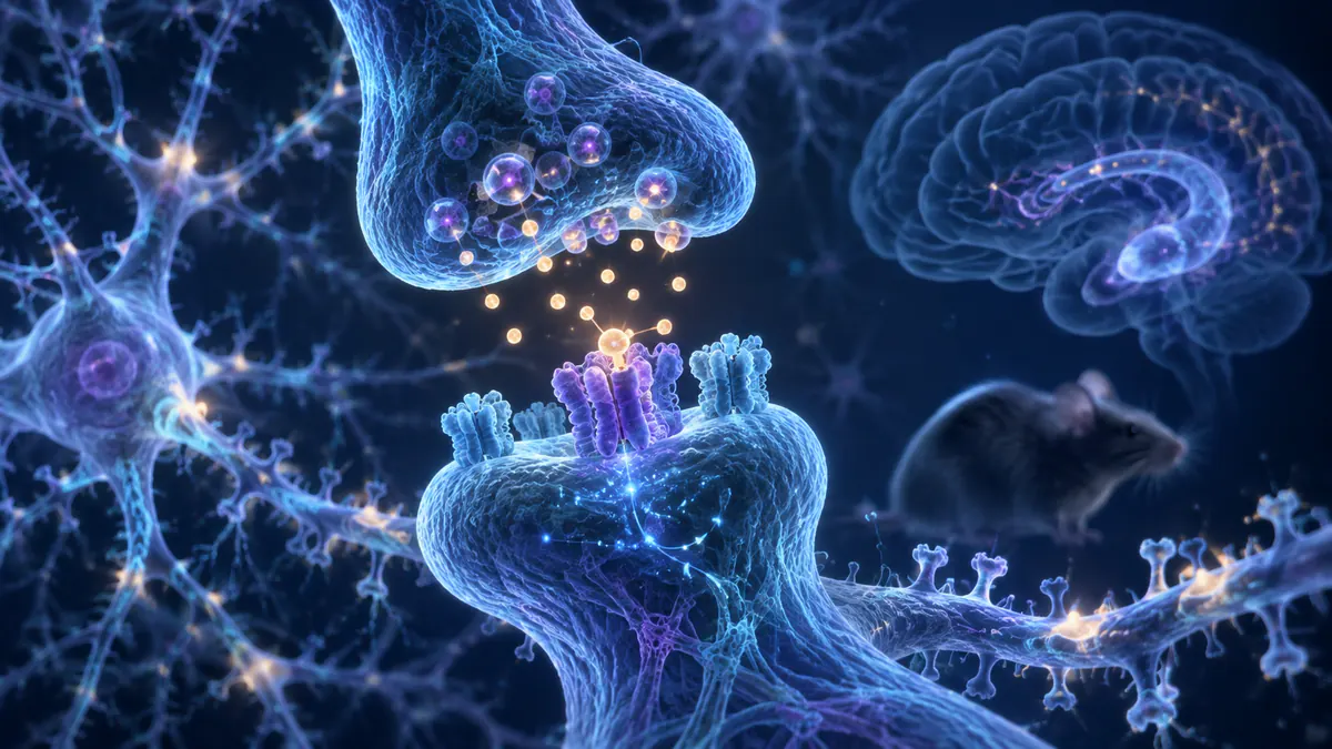 Conceptual medical illustration of dopamine signaling across a hippocampal synapse beside a mouse-model silhouette