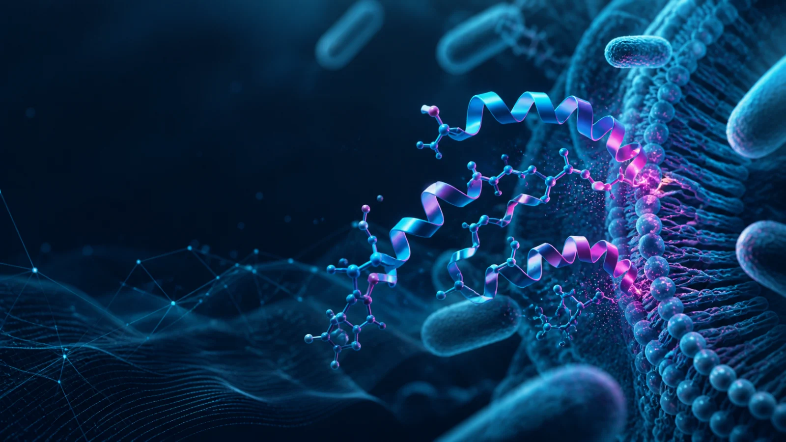 Conceptual stapled peptide scaffold modeled against a GLP-1 receptor surface